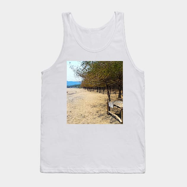 White sand beach with pine trees and selfmade bamboo bench Tank Top by kall3bu